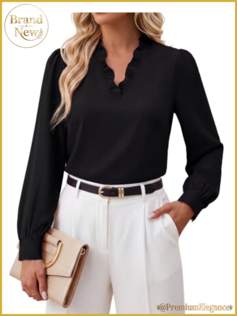 Ruffle V Neck Long Sleeve Business Casual Blouse